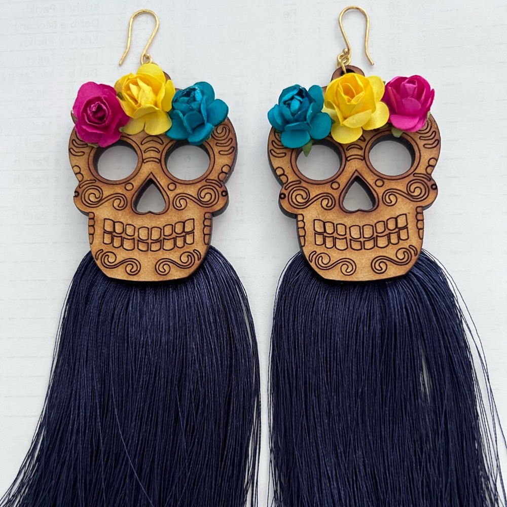 Skull Earrings Calavera Skull Day of the Dead Wood Dangle Tassel/ Flowers